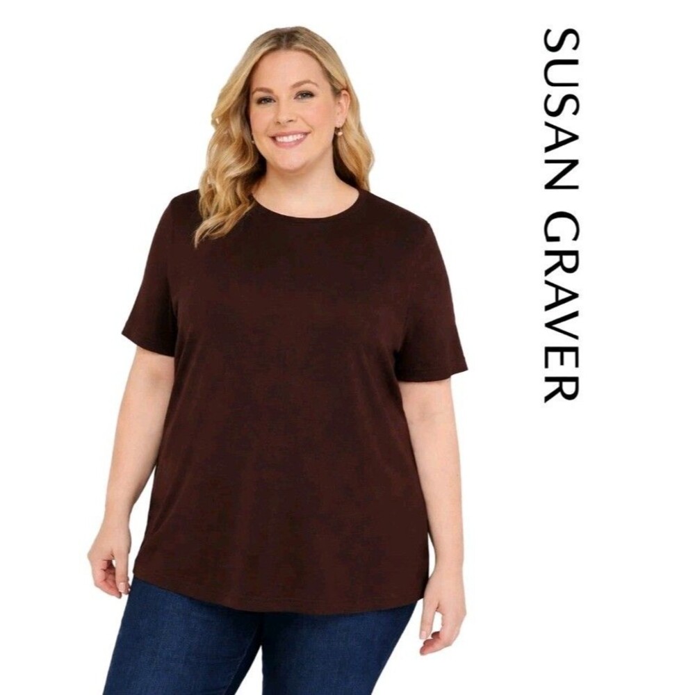 SUSAN GRAVER Womens 1X Essentials Butterknit Short Sleeve Top Brown A96742